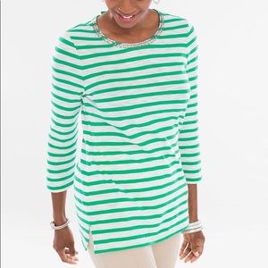 Chico’s GREEN STRIPED EMBELLISHED-NECKLINE TOP